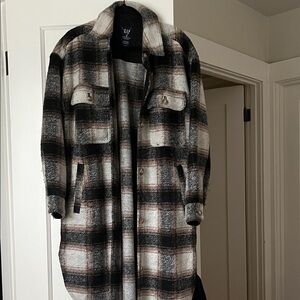 GAP Plaid Trench Coat - Black, White, Brown